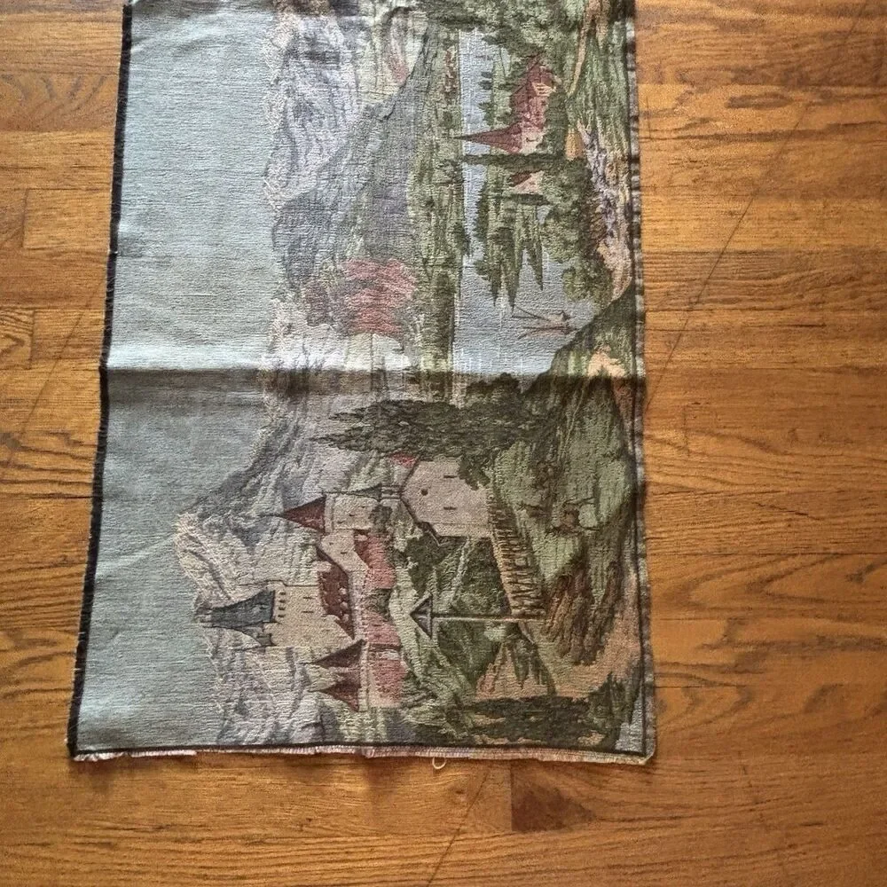 Vintage European Woven Tapestry Alpine Castle Mountain Lake Scenic Wall Art